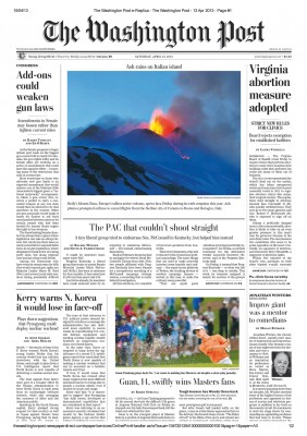 La prima pagina del Washington Post con l'Etna