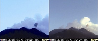 Frame ripreso dalla telecamera visiva sulla Montagnola dell'INGV-Osservatorio Etneo, mostra debole emissione di cenere dal NSEC dello scorso 6 settembre.